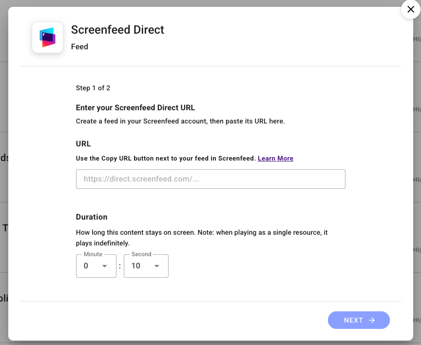 Input form for Screenfeed Direct URL and duration settings for content display.